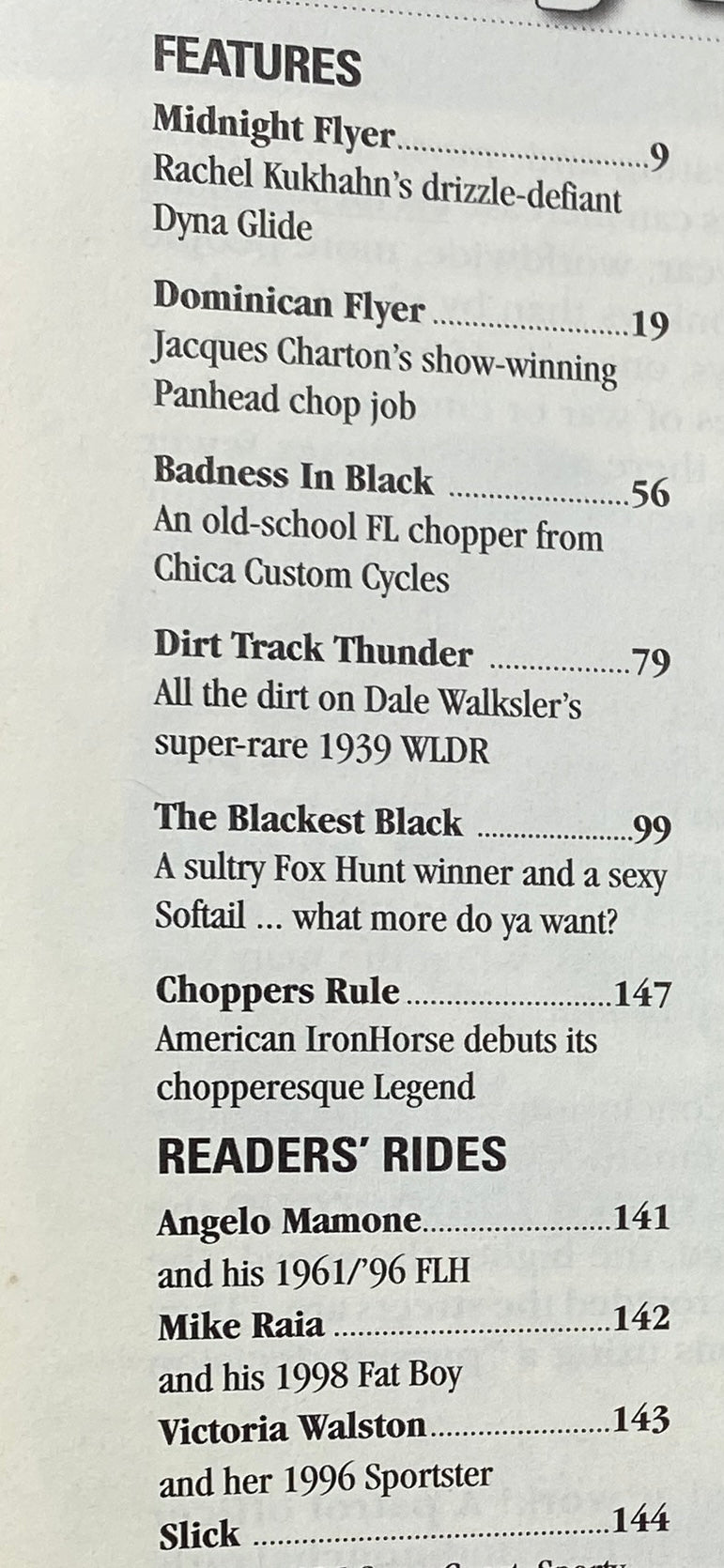Interior page of Easyriders Magazine August 2000 detailing features such as Midnight Flyer and Badness In Black, highlighting iconic motorcycles and enthusiasts' rides.