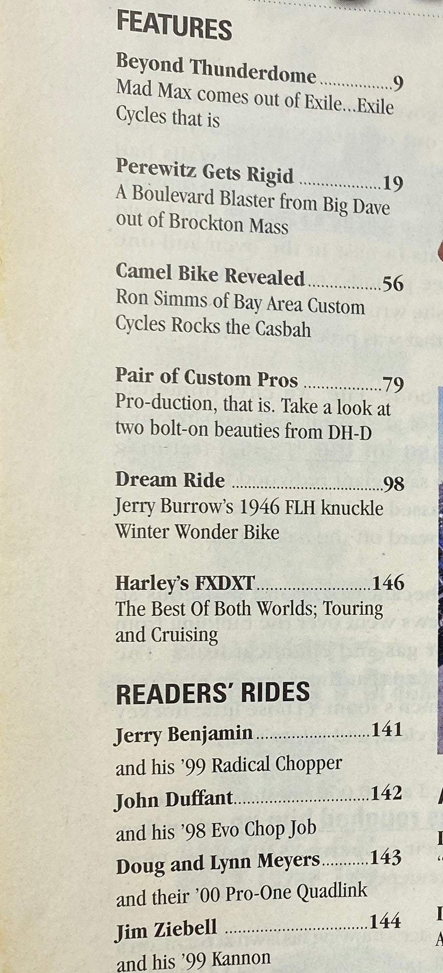 Easyriders Magazine August 2001 #338 features contents including 'Beyond Thunderdome,' 'Perewitz Gets Rigid,' and more, showcasing motorcycle culture and custom bike designs.