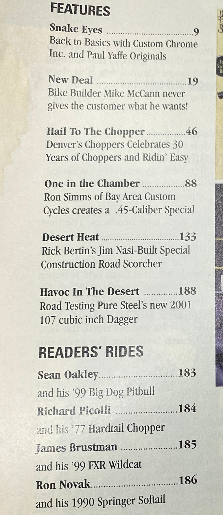 Interior page from Easyriders Magazine June 2001 #336 listing features including 'Snake Eyes' and 'Hail To The Chopper' articles.