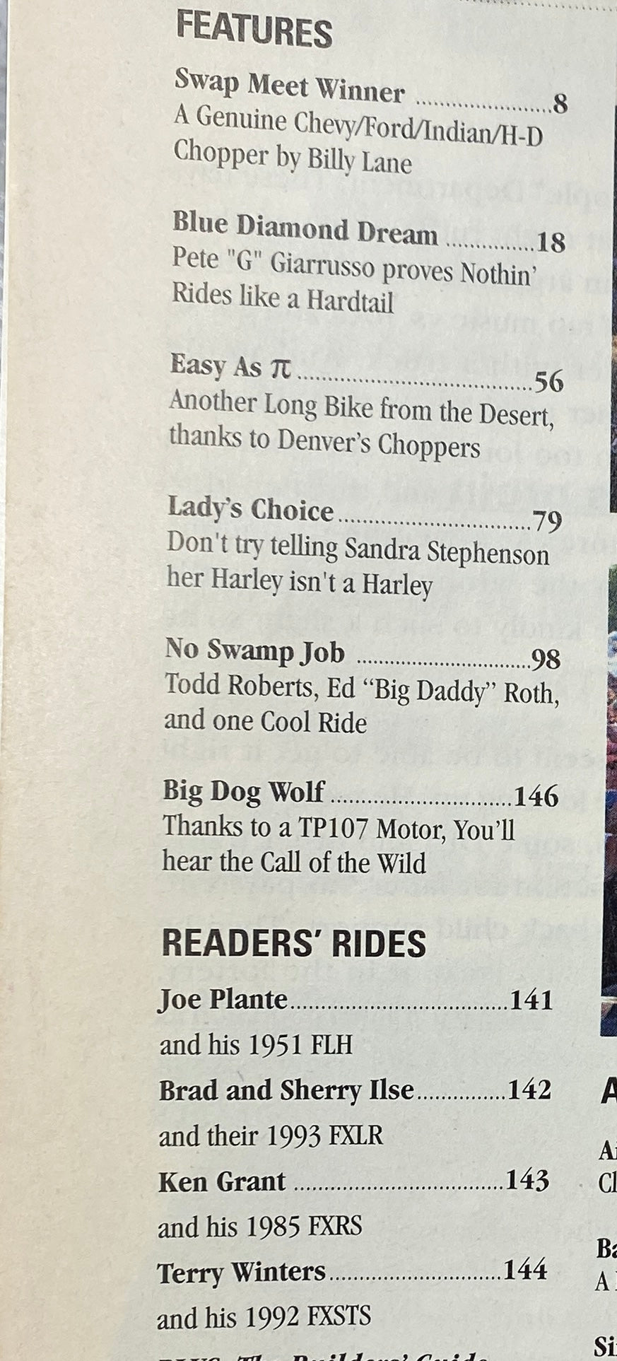 Easyriders Magazine September 2001 #339 features page detailing motorcycle stories including 'Swap Meet Winner' and 'Blue Diamond Dream', highlighting chopper trends.