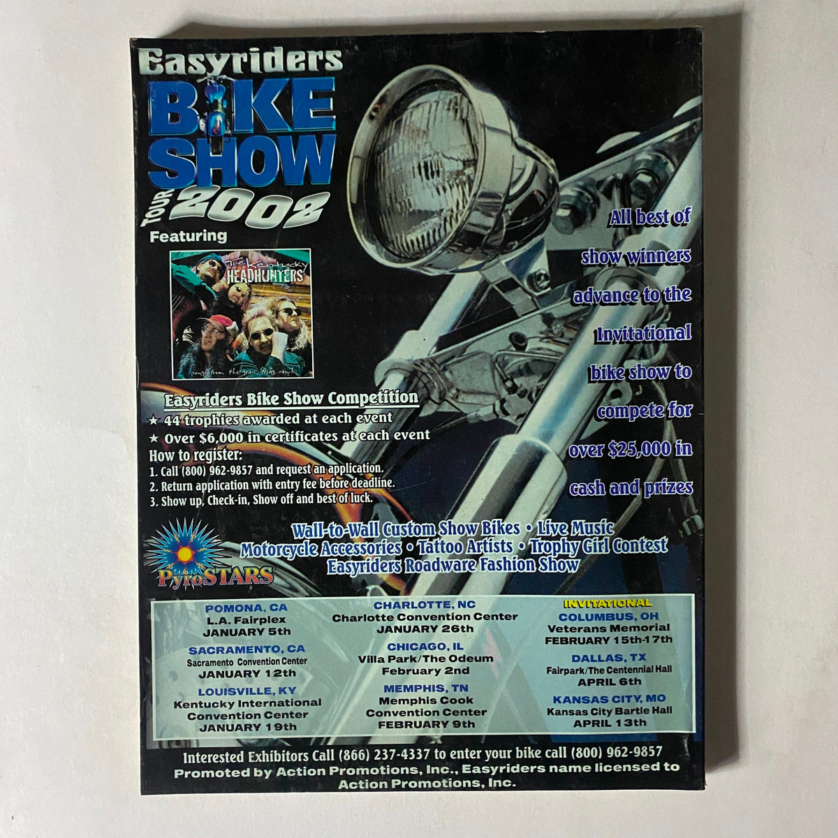 Back cover of Easyriders Magazine December 2001 promoting the Easyriders Bike Show Tour 2002, featuring competition details and locations for motorcycle enthusiasts.