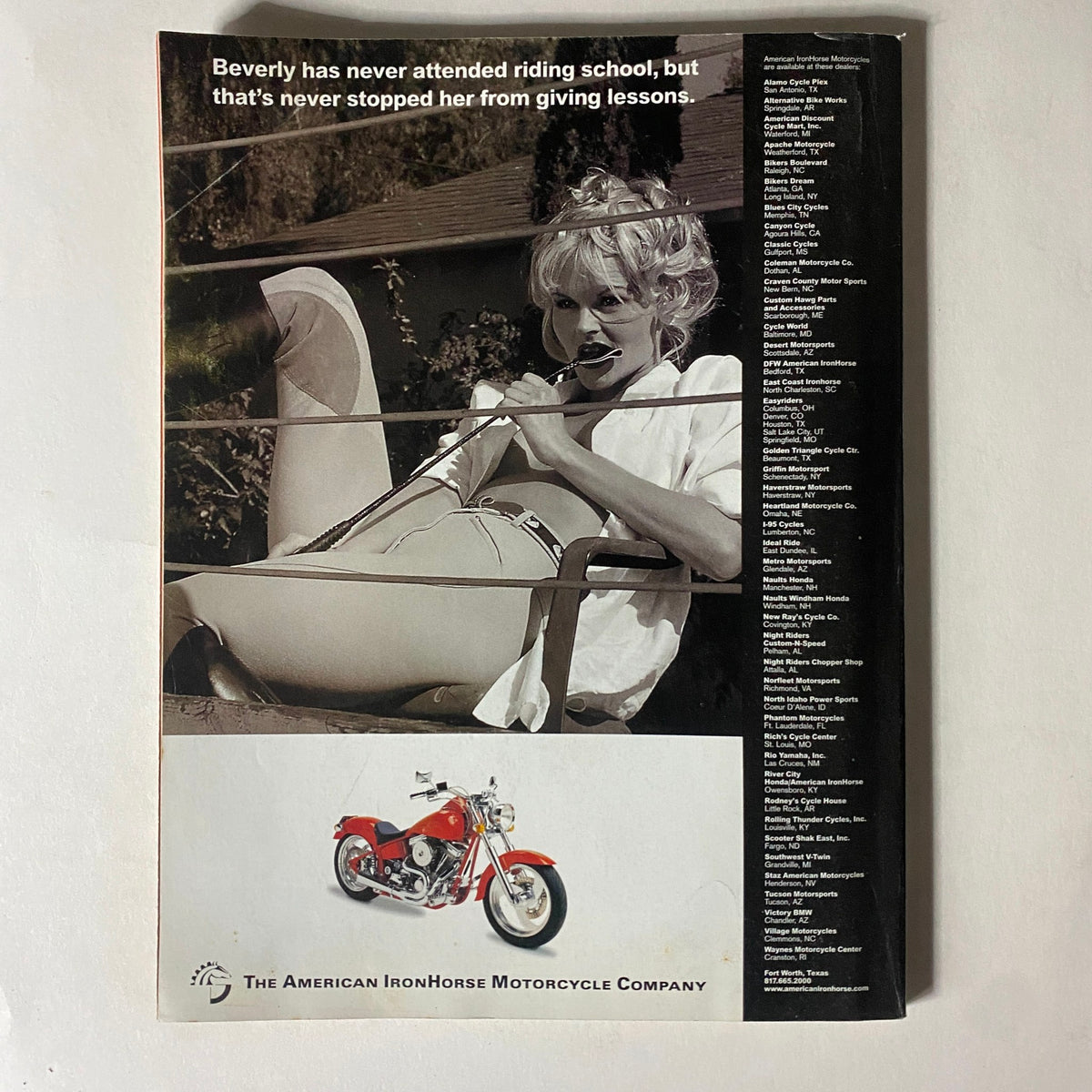 Image from Easyriders Magazine January 2001 #331 featuring a striking advertisement with a model showcasing motorcycle culture, highlighting the connection between lifestyle and bikes.