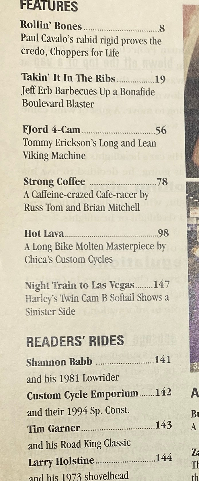 Table of contents from Easyriders Magazine May 2001 #335, highlighting featured articles such as 'Rollin' Bones' and 'Strong Coffee,' showcasing custom motorcycle designs and community rides.