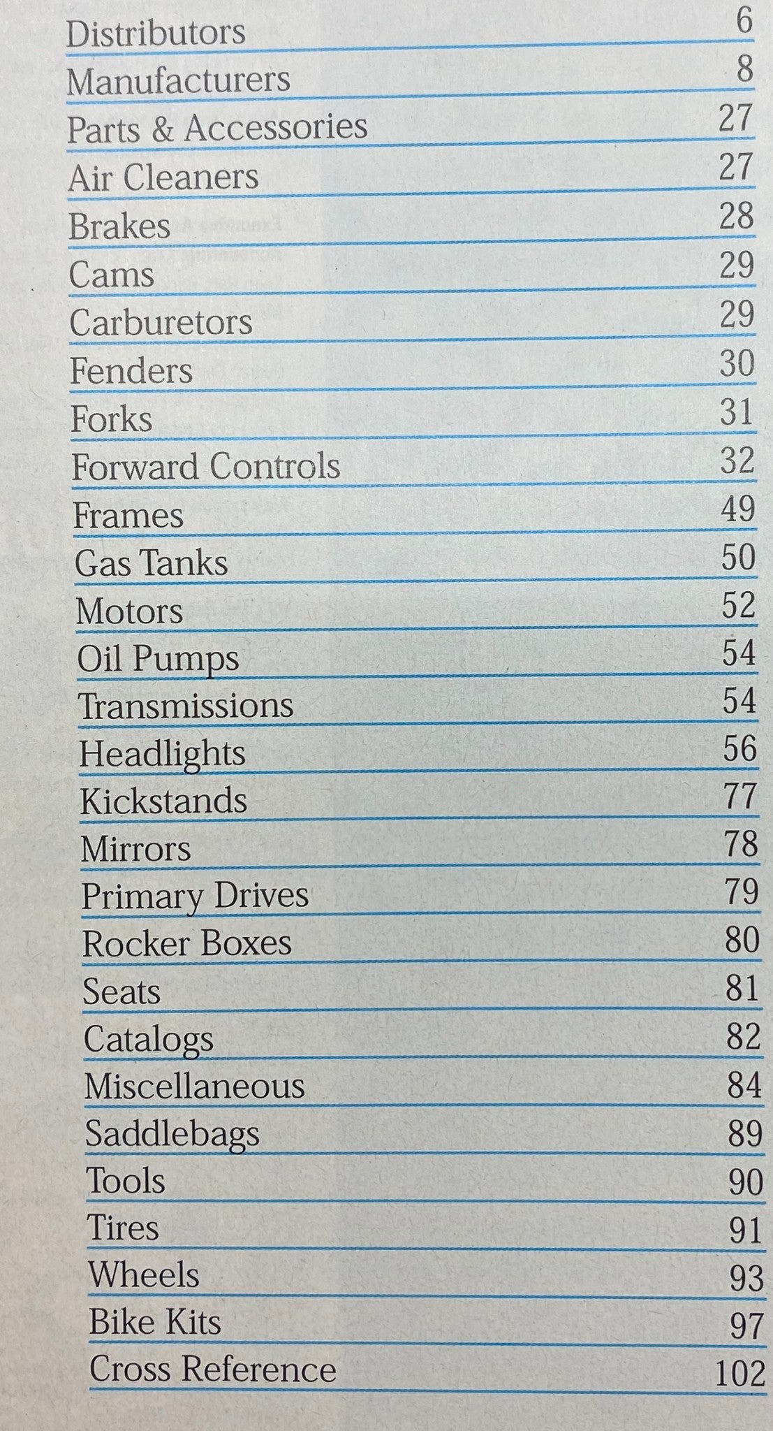 Easyriders Magazine Presents 2002 Annual Bike Builders' Handbook interior page showcasing a detailed table of contents, including sections on distributors, manufacturers, parts and accessories, and more relevant to motorcycle building.