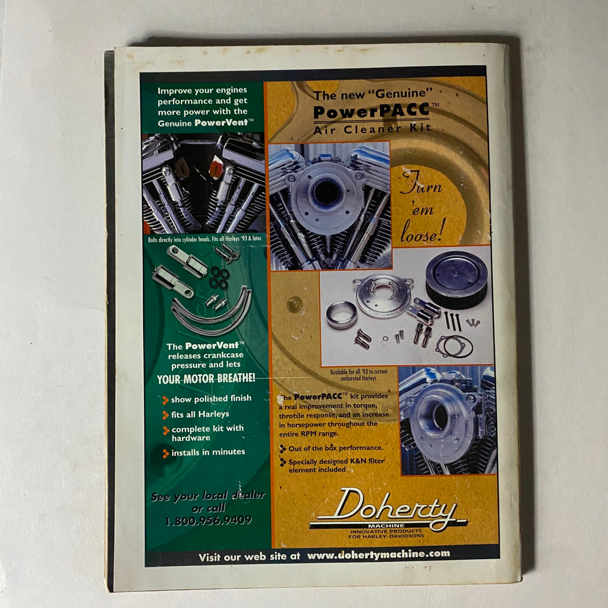 Easyriders Magazine Presents 2002 Annual Bike Builders' Handbook back cover featuring promotional content for the Genuine PowerPACC Air Cleaner Kit by Doherty Machine, emphasizing motorcycle performance enhancements.