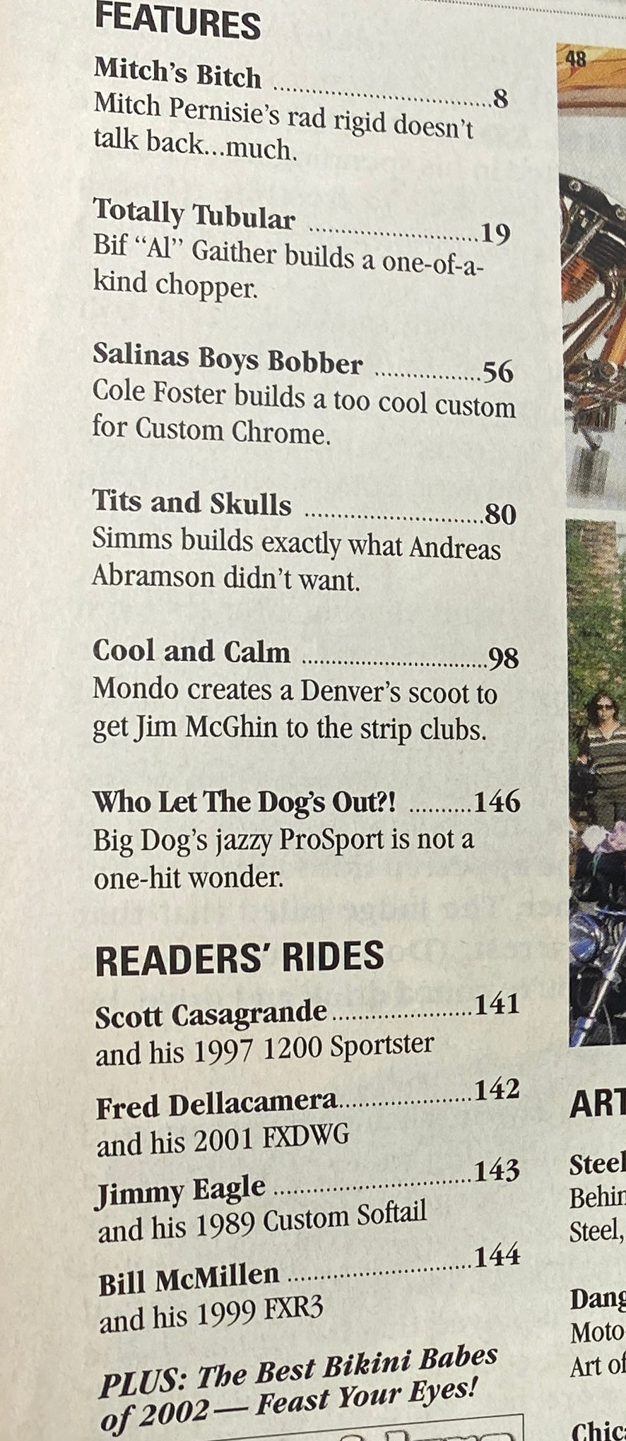 Easyriders Magazine August 2002 Issue #350 contents page featuring features like Mitch's Bitch and Readers' Rides, showcasing motorcycle culture.