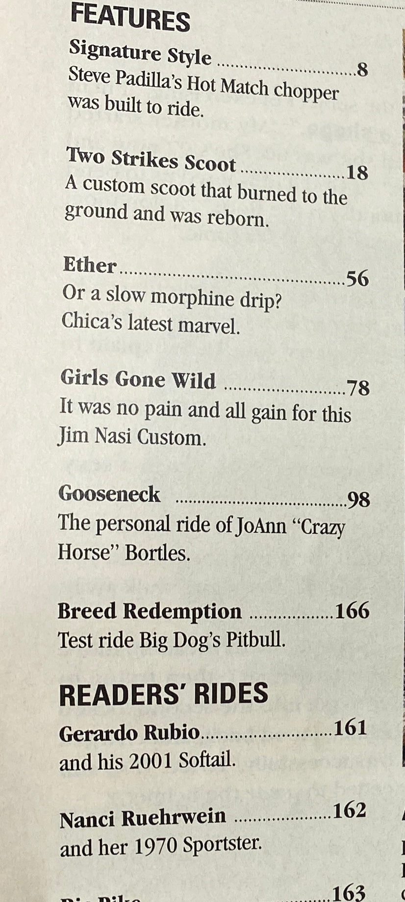 Features page from Easyriders Magazine September 2004 #375, detailing articles on custom choppers including Signature Style, Gooseneck, and Girls Gone Wild.