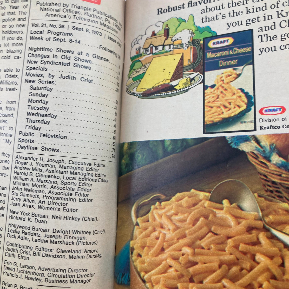 Inside page of TV Guide Magazine September 8 1973 showcasing programming details for Kraft Macaroni & Cheese Dinner and editorial credits for the issue.