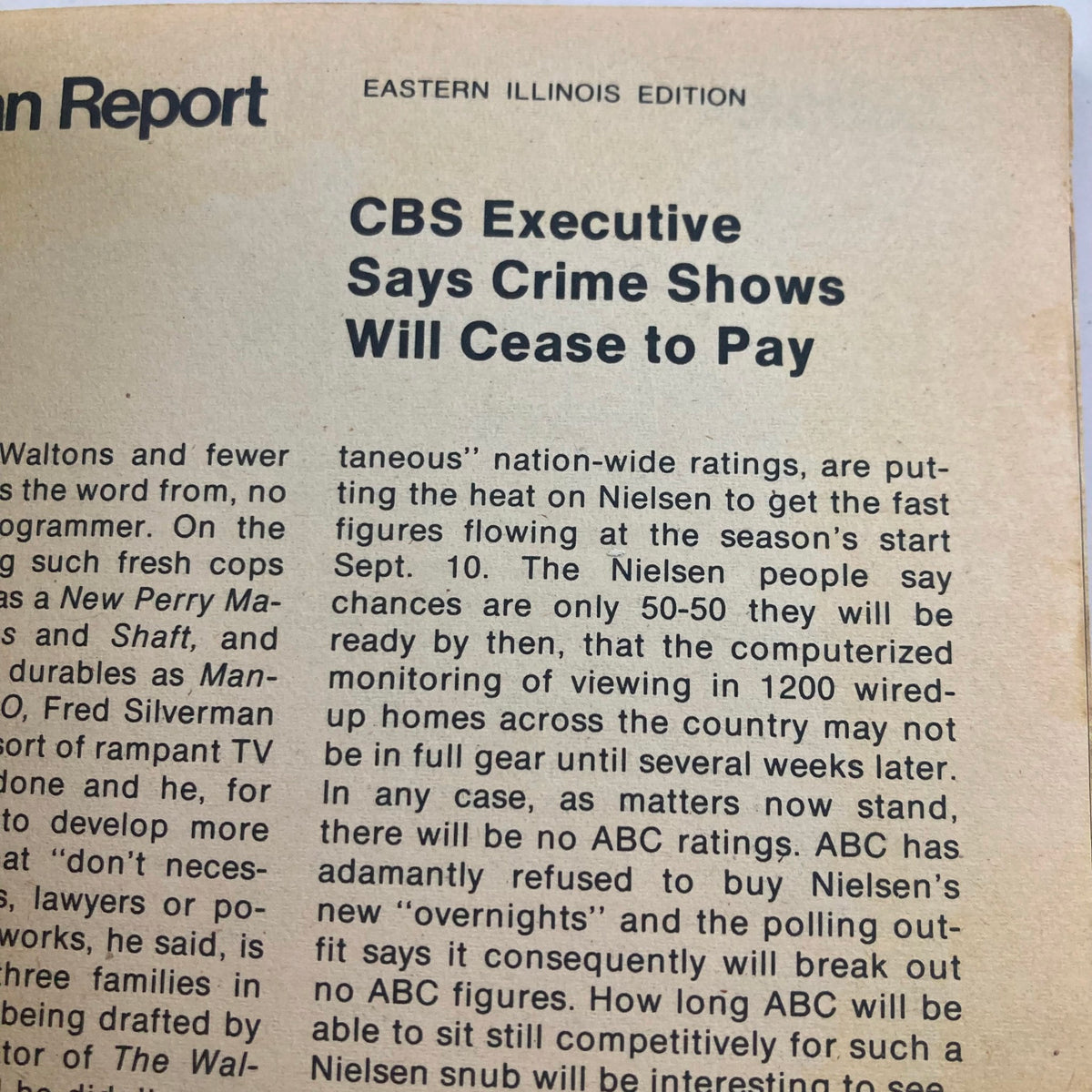 Another inside page from the TV Guide Magazine September 8 1973 Eastern Illinois Edition discussing CBS executive statements regarding crime shows and television ratings.