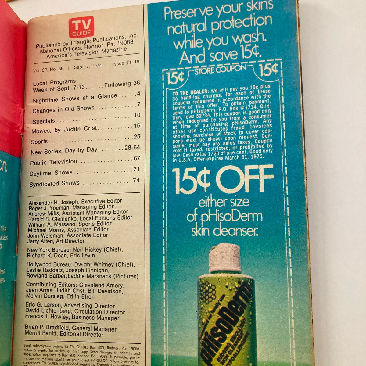 Inside page of TV Guide Magazine September 7 1974 #1119 displaying local program listings and a store coupon for phlisoDerm skin cleanser. Great for television history enthusiasts.