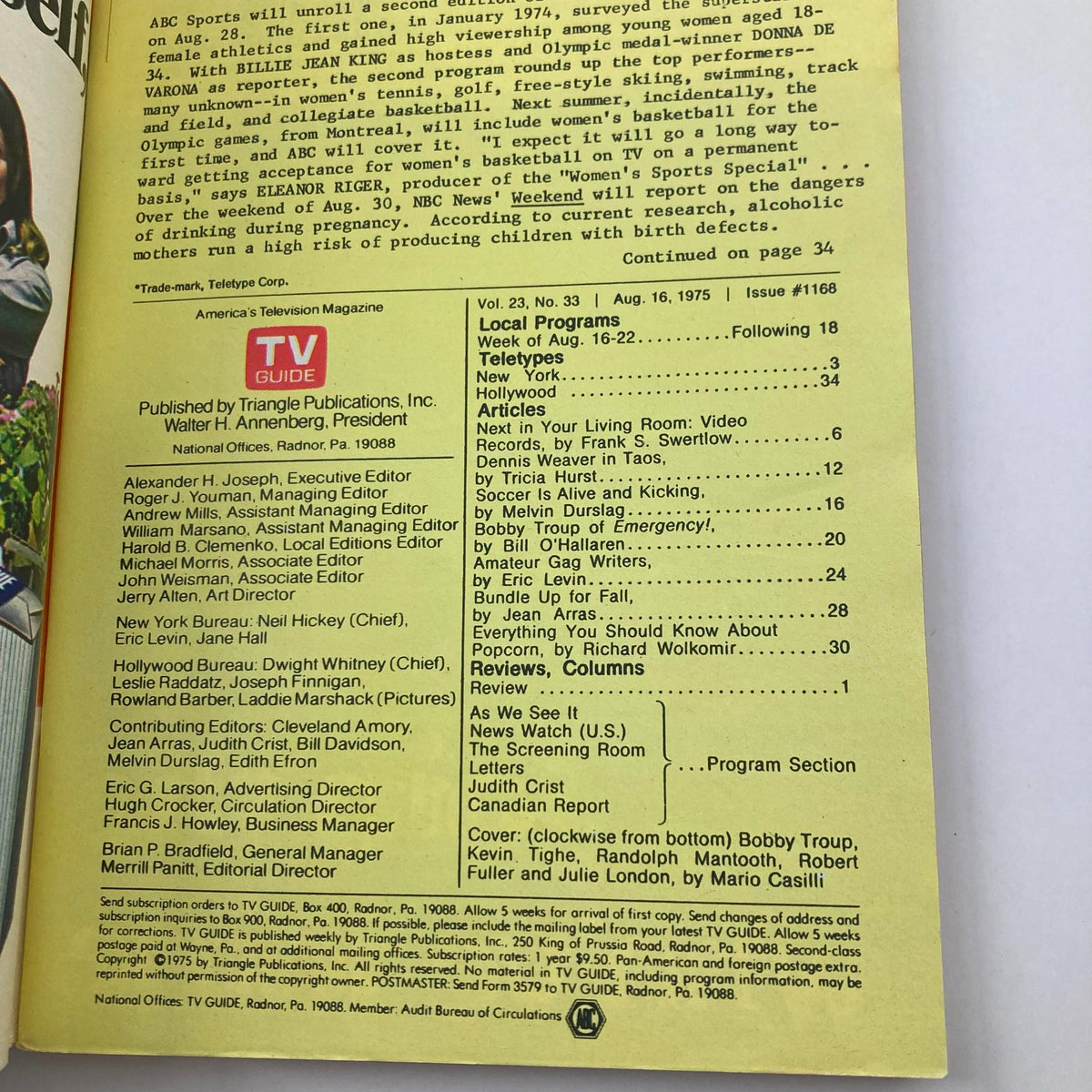 Back cover of TV Guide Magazine August 16 1975, which includes detailed program listings and editorial credits, highlighting the edition's historical context.