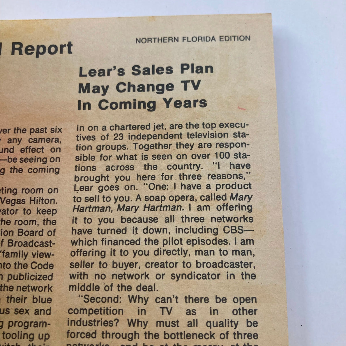 Article excerpt from TV Guide Magazine September 6 1975 #1171 discussing Lear's Sales Plan and its potential impact on television in coming years. Focus on the soap opera 'Mary Hartman, Mary Hartman' and independent TV sales.