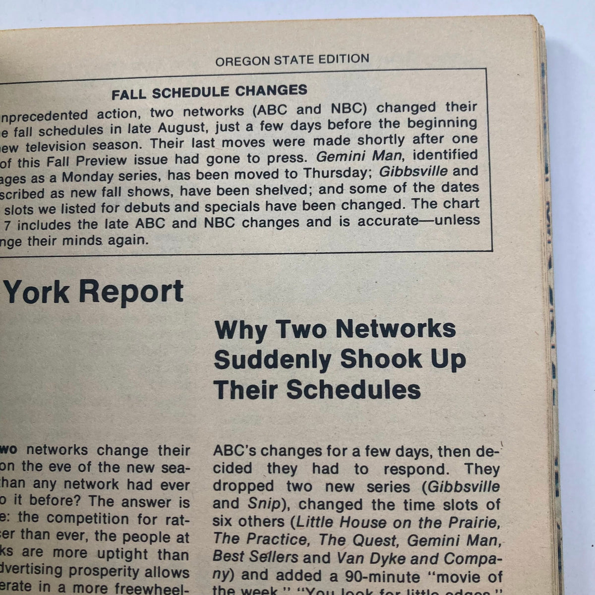 Details about fall schedule changes in TV Guide Magazine September 18 1976 #1225 Oregon State Edition, discussing network schedule alterations.