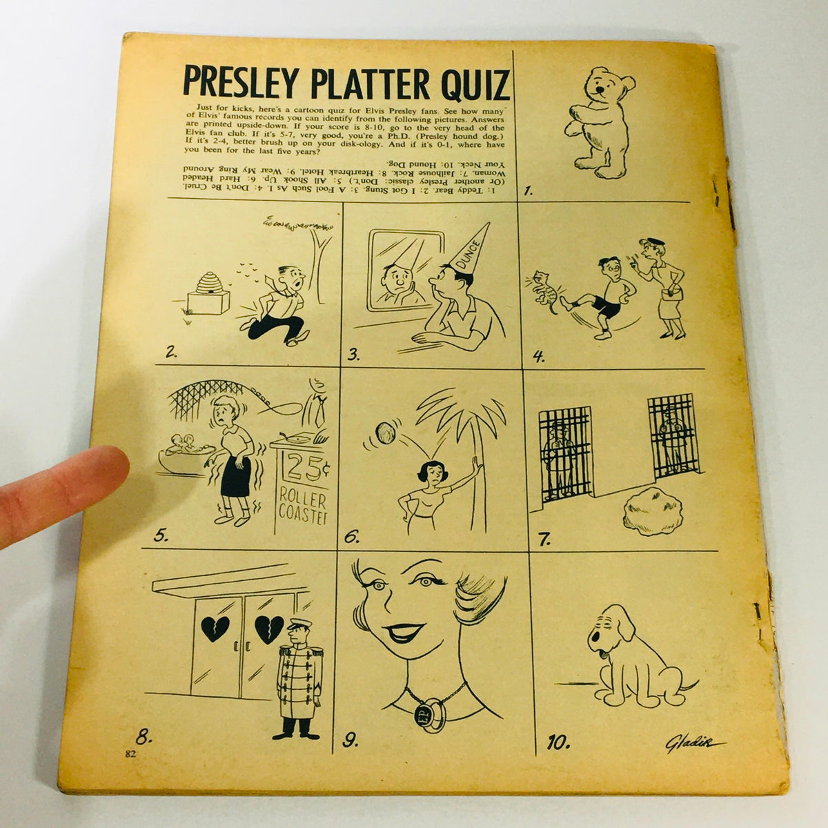 Back cover cartoon quiz titled 'Presley Platter Quiz' from the VTG Movieland and TV Time June 1961 Annual, designed for Elvis Presley fans.