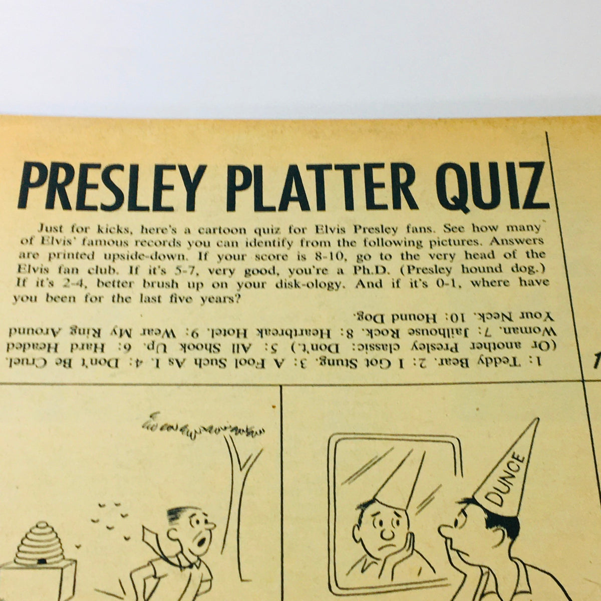 A close-up of the 'Presley Platter Quiz' back cover from the VTG Movieland and TV Time June 1961 Annual, featuring fun illustrations and challenges for Elvis fans.