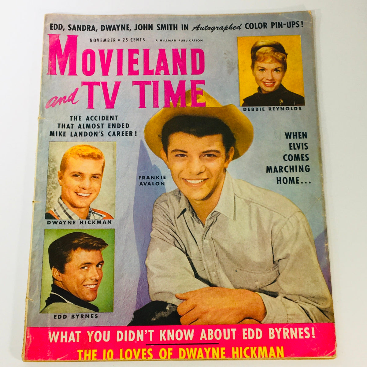 Cover of VTG Movieland and TV Time November 1959 magazine featuring Dwayne Hickman, Edd Byrnes, and Frankie Avalon, highlighting the glamour of late 1950s entertainment.