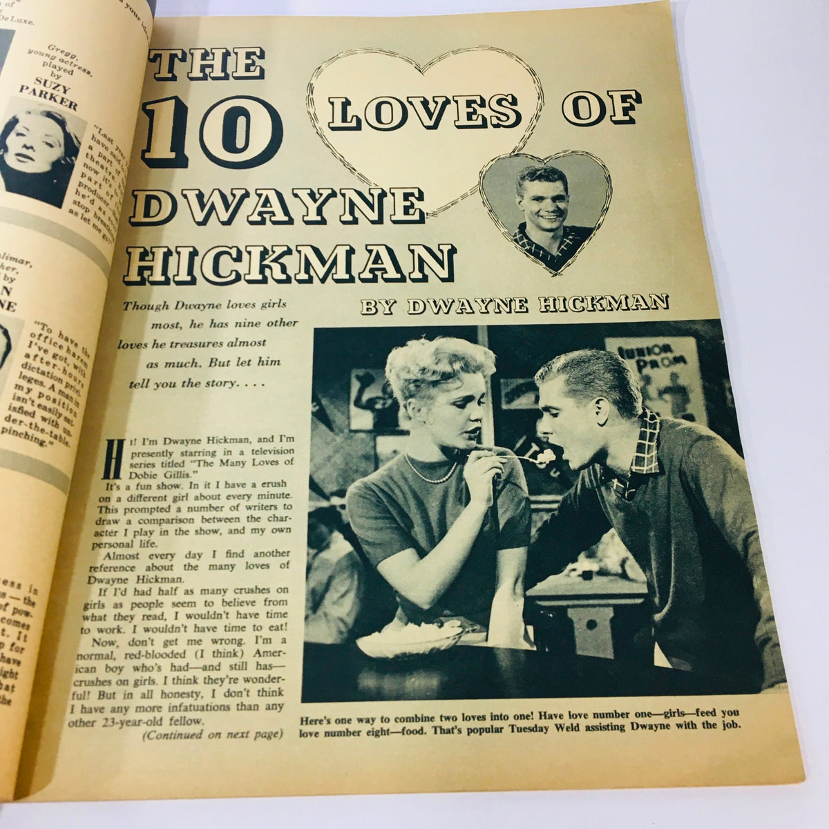 Article titled 'The 10 Loves of Dwayne Hickman' from the November 1959 VTG Movieland and TV Time magazine, showcasing an interview with the star.