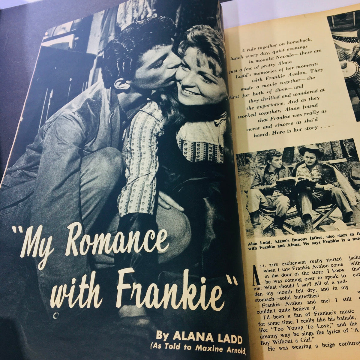 Feature story titled 'My Romance with Frankie' in November 1959 VTG Movieland and TV Time magazine, including photos and narrative about Alana Ladd and Frankie Avalon.