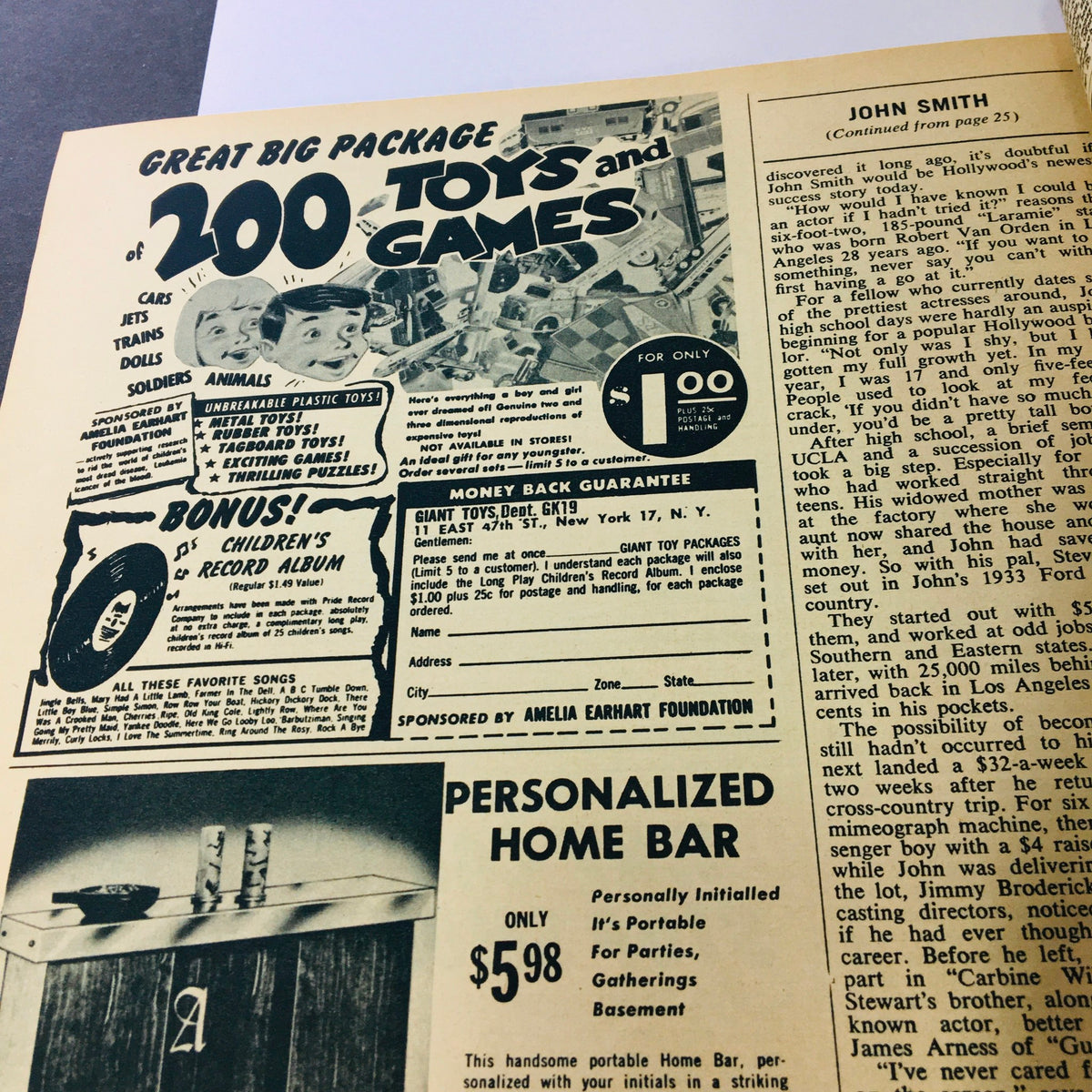 Promotional page from VTG Movieland and TV Time November 1959 featuring a great big package of 200 toys and games for only $1.