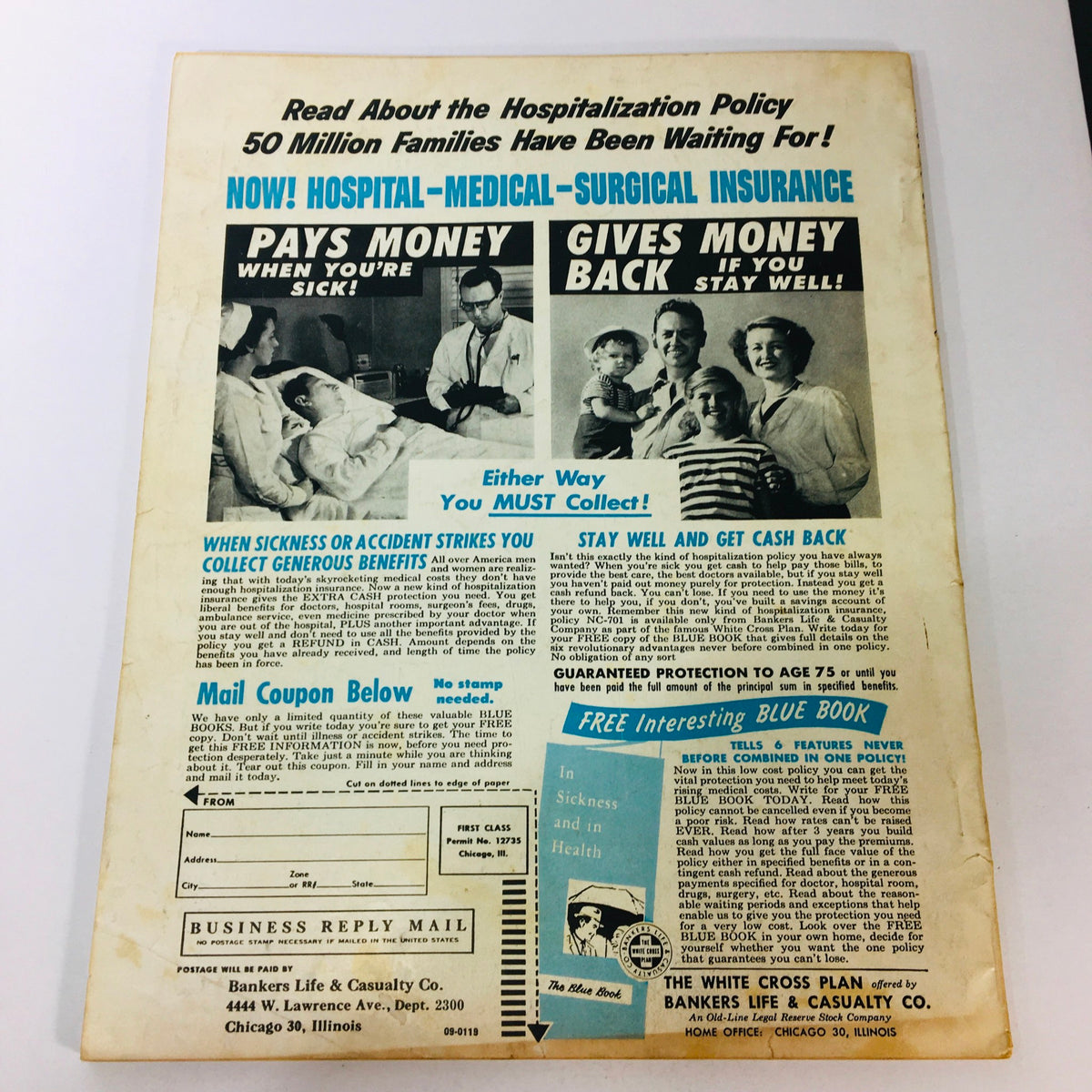 Back cover of VTG Movieland and TV Time November 1959 showcasing a hospital insurance ad highlighting benefits for families.