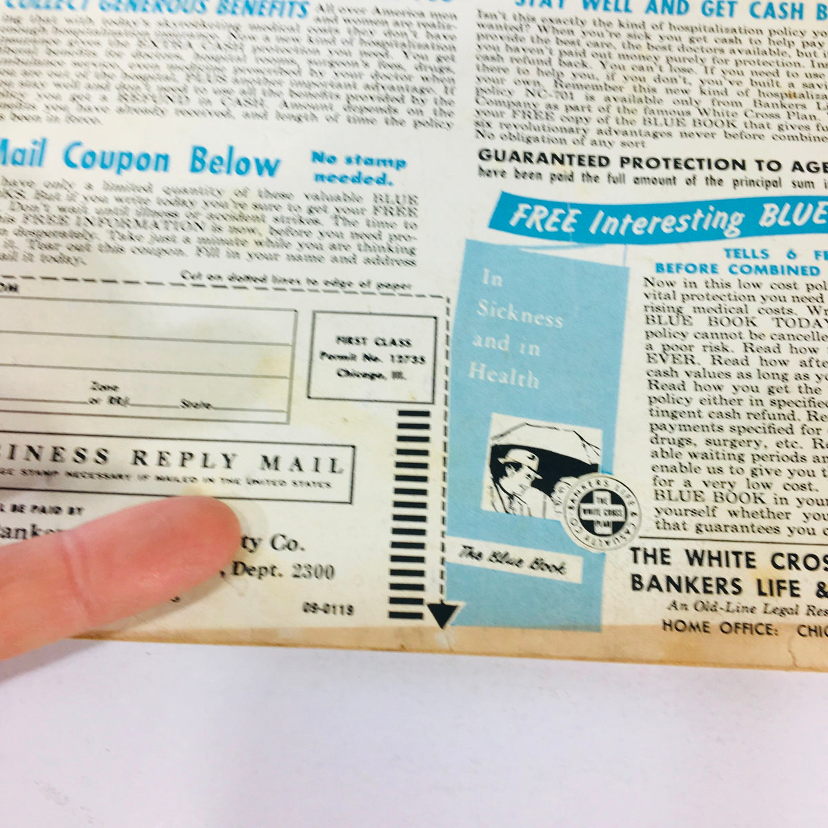Close-up of the back cover from VTG Movieland and TV Time November 1959, featuring details of a hospital insurance plan with a reply coupon.