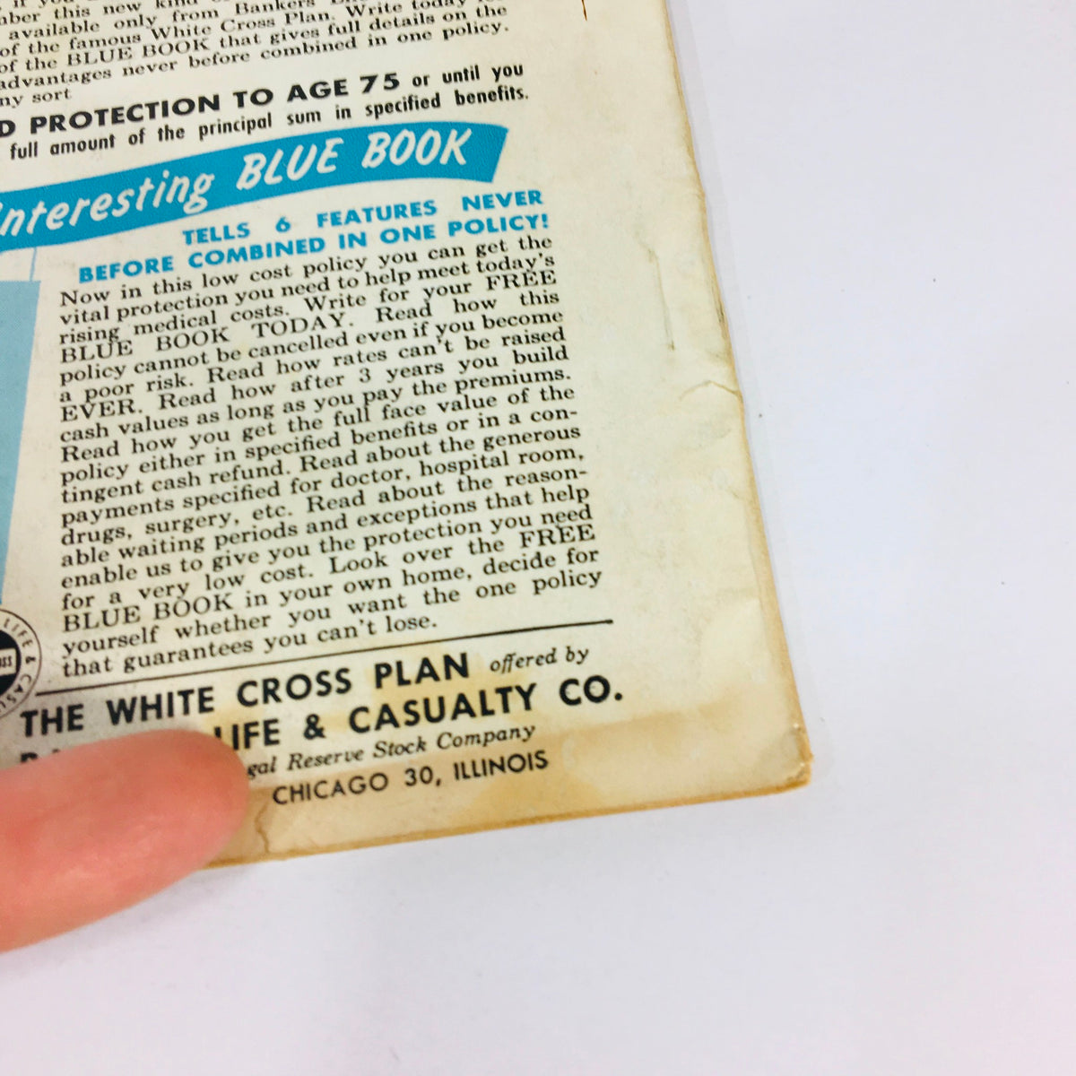 Back cover of the VTG Movieland and TV Time November 1959 issue, featuring an advertisement for THE WHITE CROSS PLAN insurance, with details about unique features and policies offered by the White Cross Life & Casualty Co.