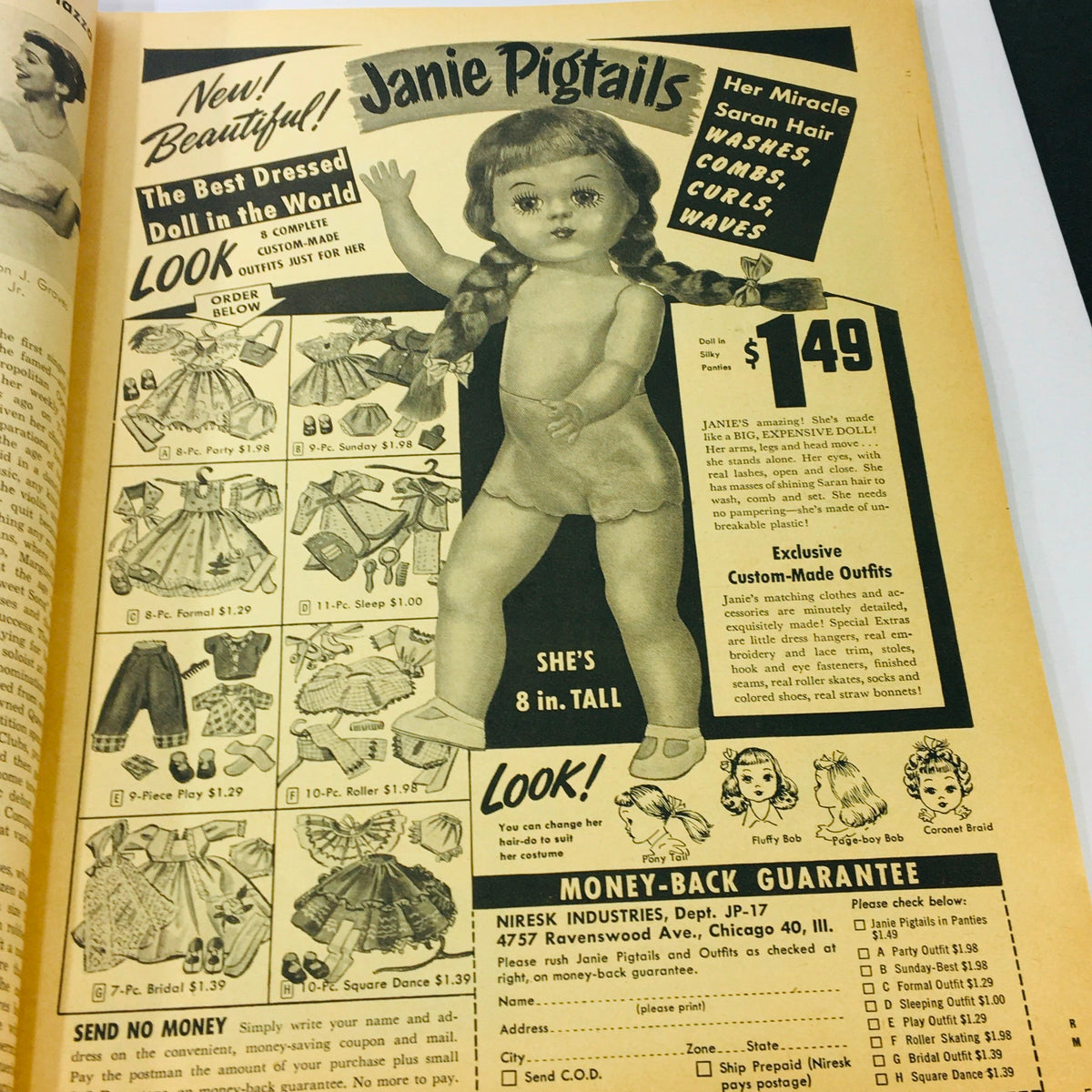 Advertorial page from the VTG Radio-TV Mirror Magazine October 1953 featuring the Janie Pigtails doll and clothing options.
