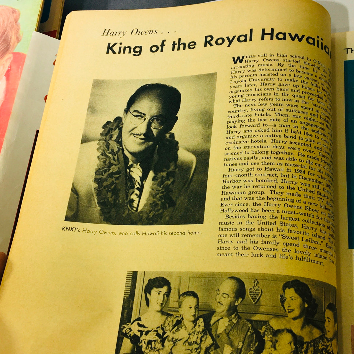 Inside page of VTG Radio-TV Mirror Magazine October 1953 featuring an article on Harry Owens, known as the King of the Royal Hawaiian, with a photo and a description of his musical career.