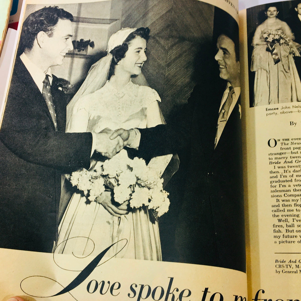 Inside page of VTG Radio-TV Mirror Magazine October 1953 showcasing a wedding photo of a couple shaking hands, emphasizing the theme of love with the heading 'Love spoke to me'.