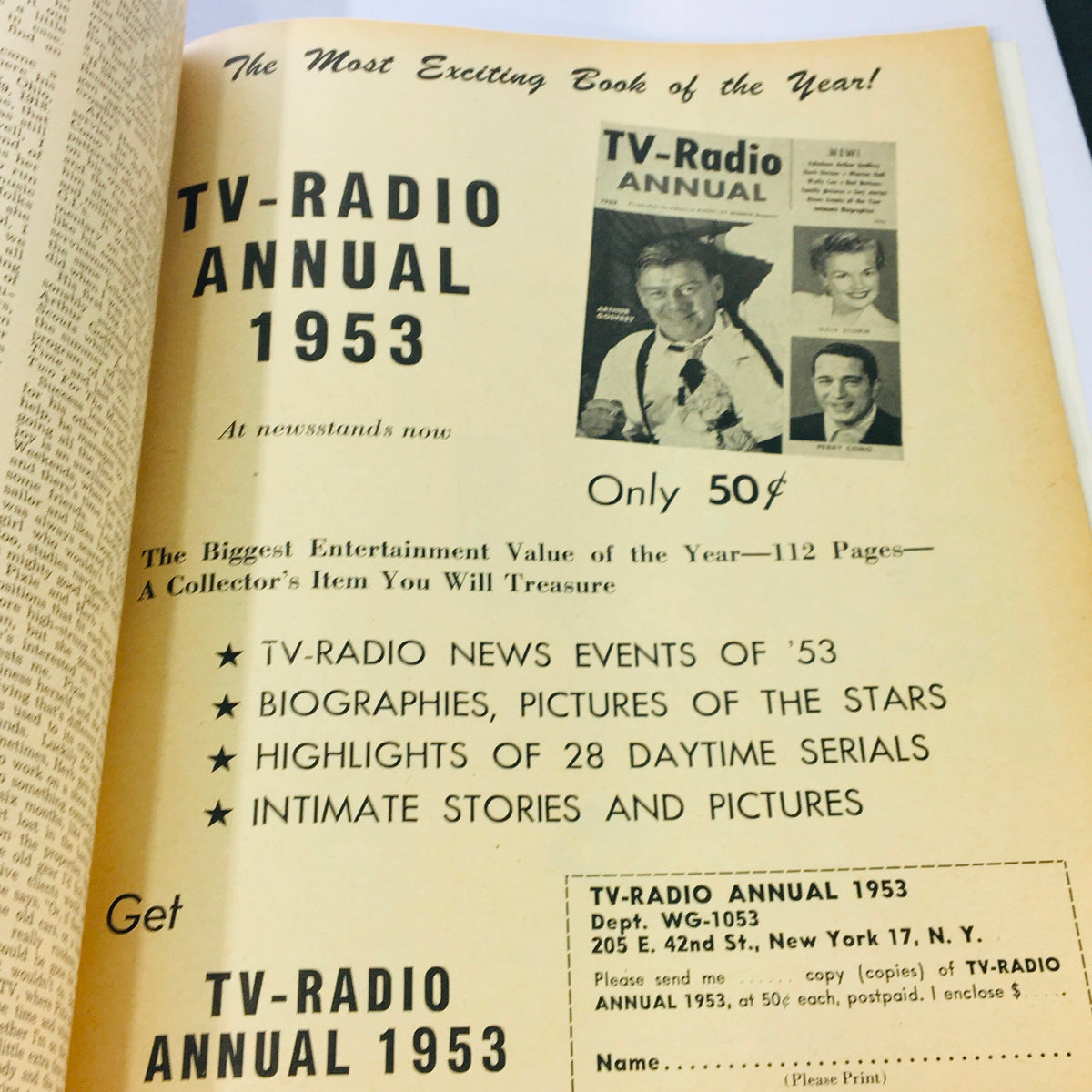 Advertising page from VTG Radio-TV Mirror Magazine October 1953 promoting the TV-Radio Annual of 1953, highlighting entertainment features and biographies of popular stars.