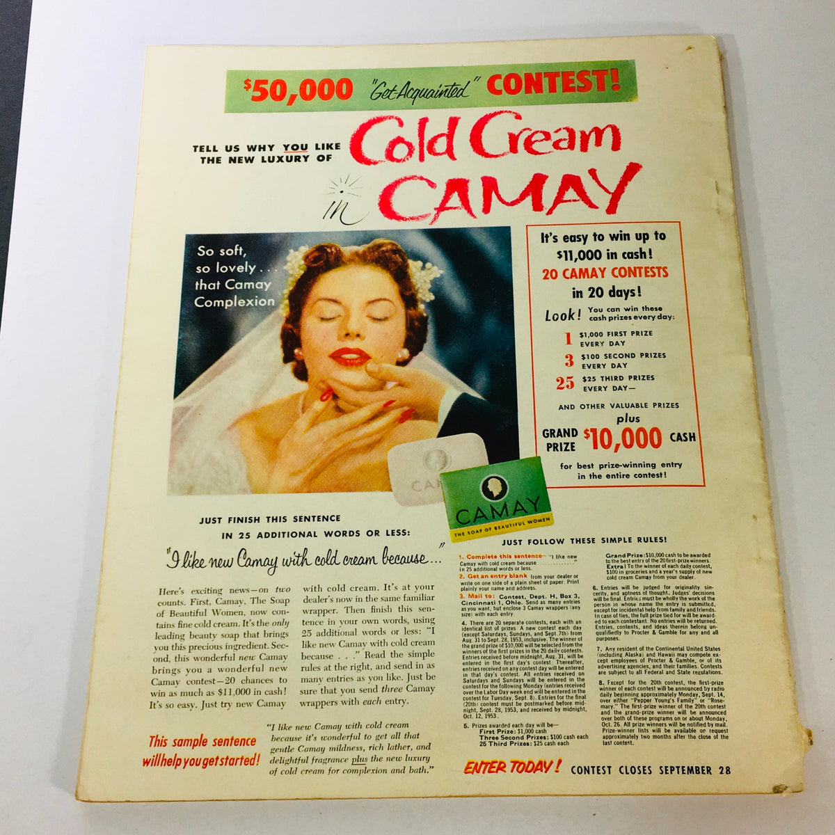 VTG Radio-TV Mirror Magazine October 1953 featuring an advertisement for Cold Cream in Camay, highlighting a beauty contest and promoting skincare benefits.
