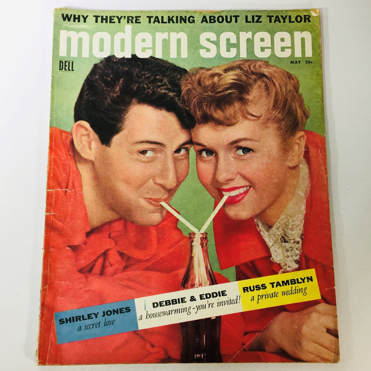 Cover of VTG Modern Screen Magazine May 1956 featuring Shirley Jones, Debbie Reynolds, and Eddie Fisher in a playful pose with soda bottles.
