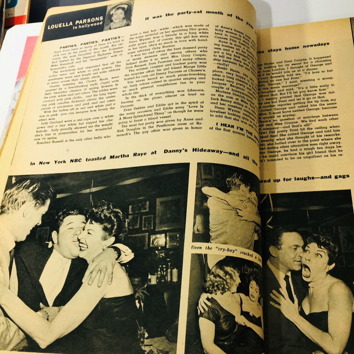 Another inside page of VTG Modern Screen Magazine May 1956 highlighting party stories in Hollywood with photos of actors enjoying themselves.