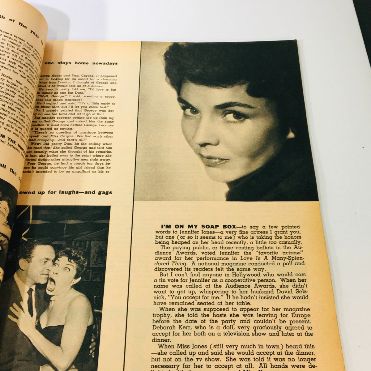 Close-up of a classic article featuring Jennifer Jones, discussing her recent accolades in Hollywood from the May 1956 issue of Modern Screen Magazine.