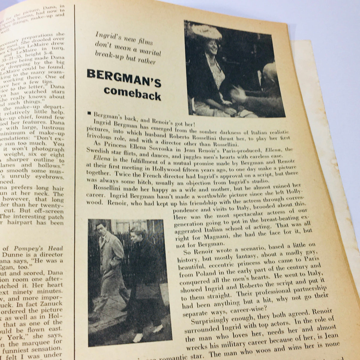 Inside page of May 1956 Modern Screen Magazine showcasing an article about Ingrid Bergman's comeback with vintage photographs, reflecting Hollywood's golden age.