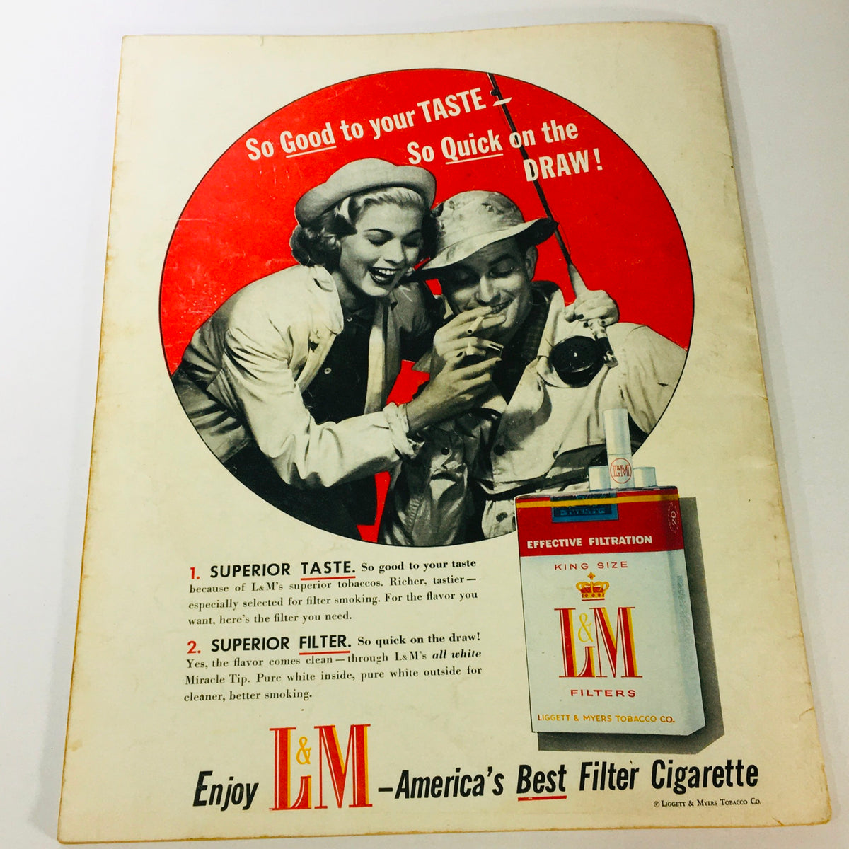 Advertisement page from the May 1956 Modern Screen Magazine promoting L&M Filters cigarette with vibrant graphics and a nostalgic theme.