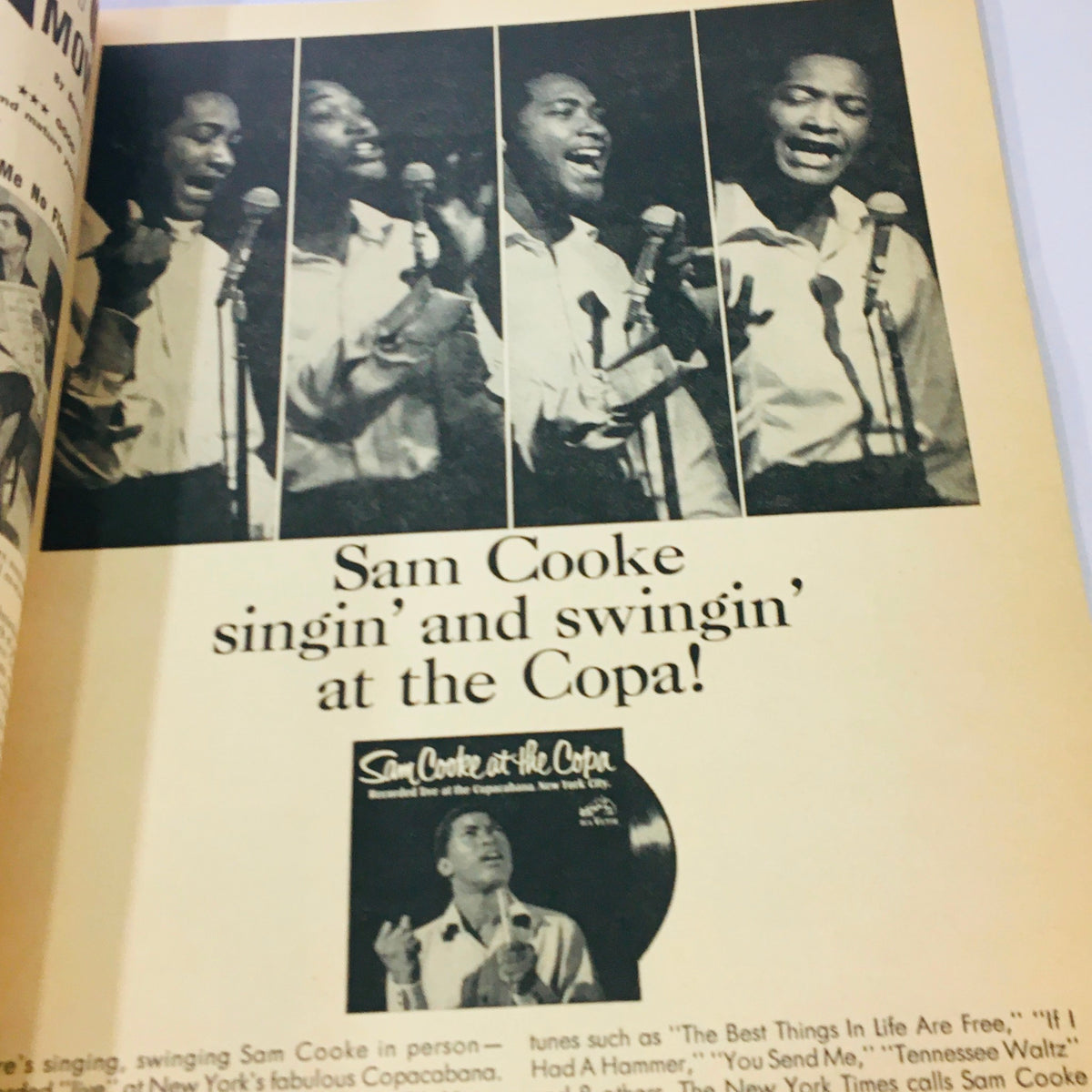 Interior page of VTG Modern Screen Magazine December 1964 featuring Sam Cooke performing at the Copa, showcasing the music culture of the era.