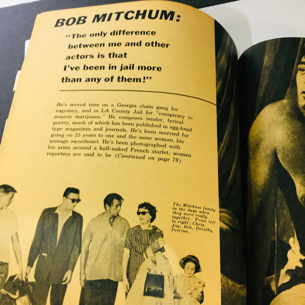 Page from VTG Modern Screen Magazine December 1964 presenting a profile of Bob Mitchum with insights into his life and experiences in Hollywood.