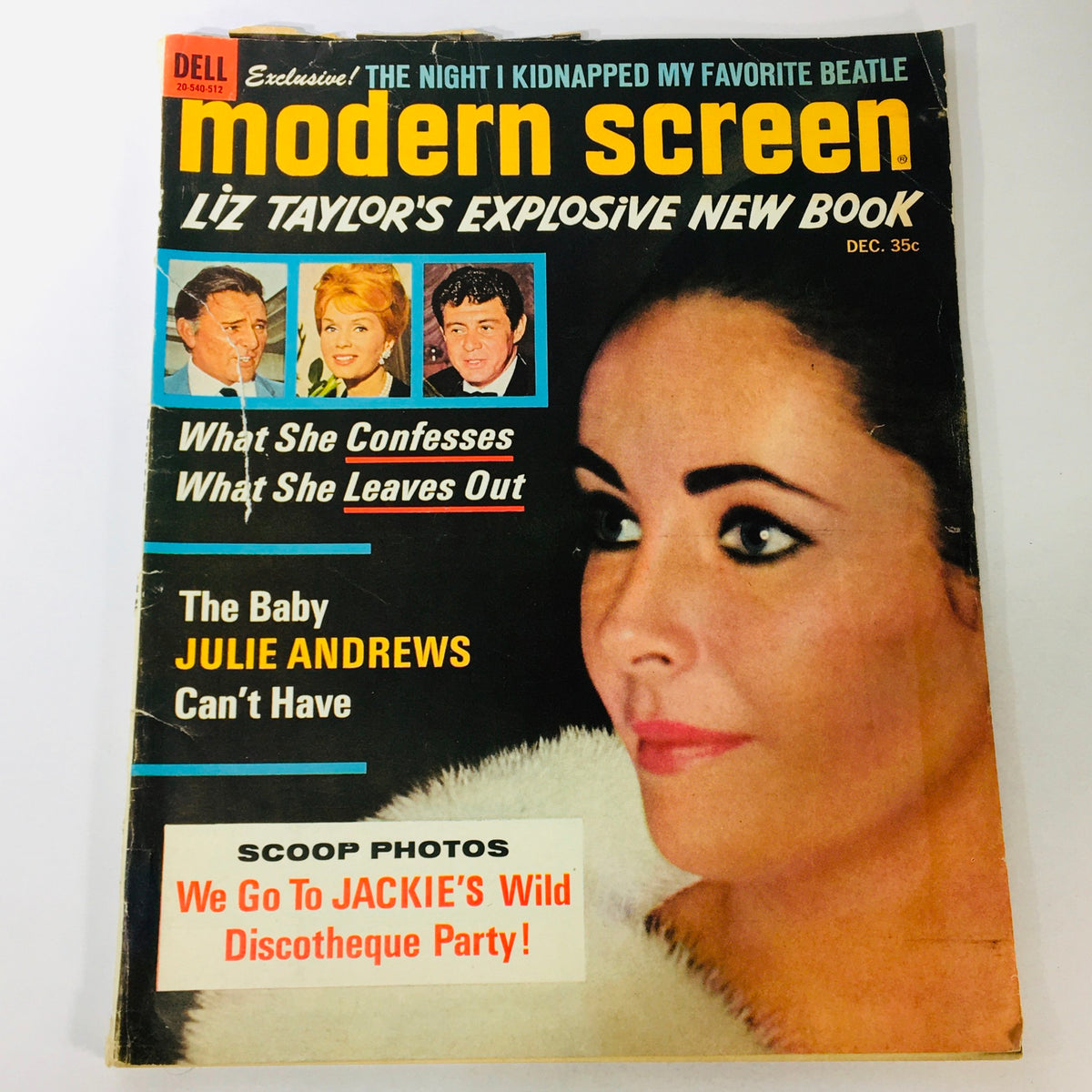 Cover of VTG Modern Screen Magazine December 1965 featuring Julie Andrews and images of James Garner and Tony Franciosa, highlighting gossip and articles from the era.