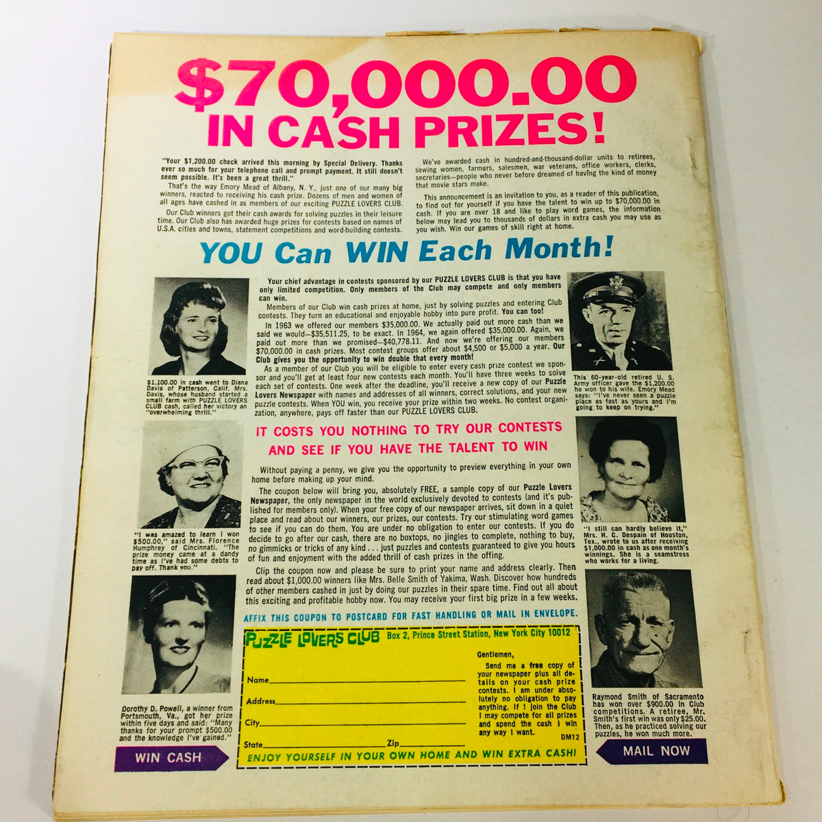 VTG Modern Screen Magazine December 1965 featuring a colorful advertisement for a puzzle contest, promising cash prizes and showcasing participant photos. A perfect reflection of vintage magazine promotions.