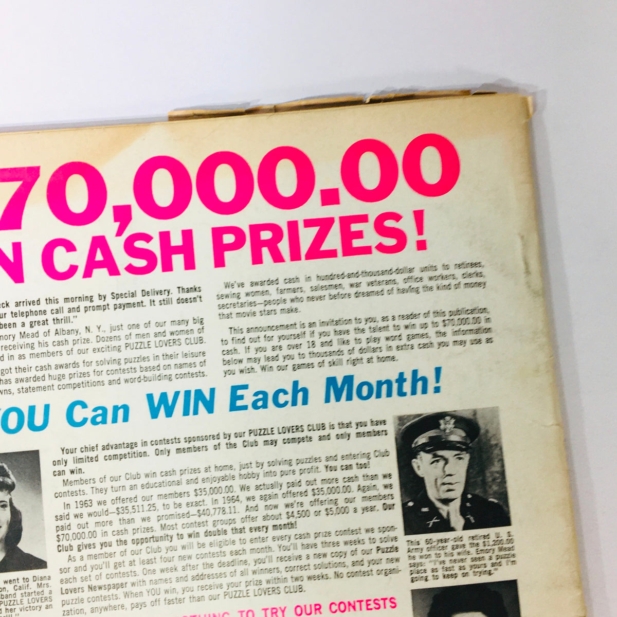 Inside page of VTG Modern Screen Magazine December 1965 featuring a colorful announcement about cash prizes for puzzle contests, reflecting vintage design and typography.