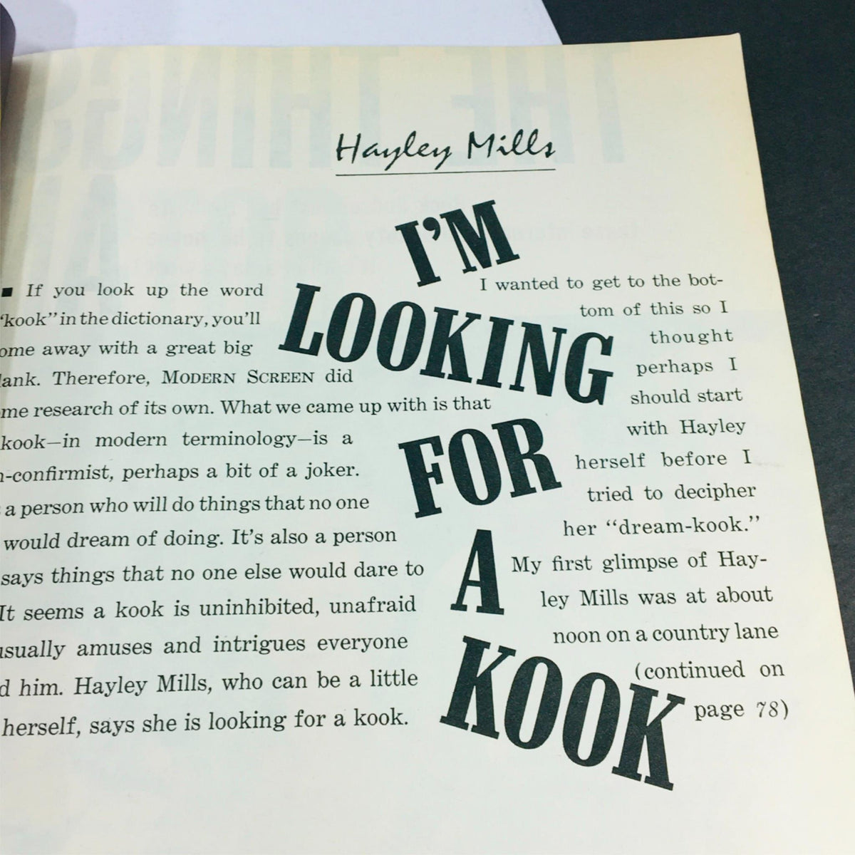 Article page from VTG Modern Screen Magazine December 1965 by Hayley Mills titled 'I’m Looking for a Kook', showcasing classic magazine style and typography.