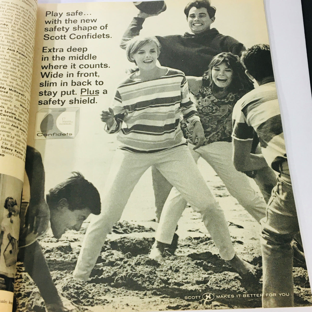 Group of young people playing at the beach, highlighted in a vintage advertisement in Screen Stories Magazine August 1965.