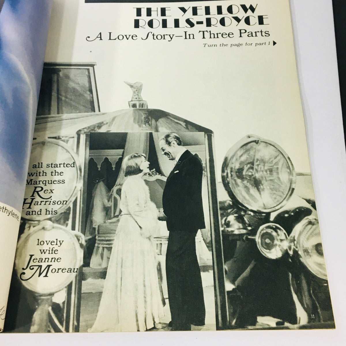 Scene from 'The Yellow Rolls-Royce', showcasing a romantic moment between characters, featured in Screen Stories Magazine August 1965.