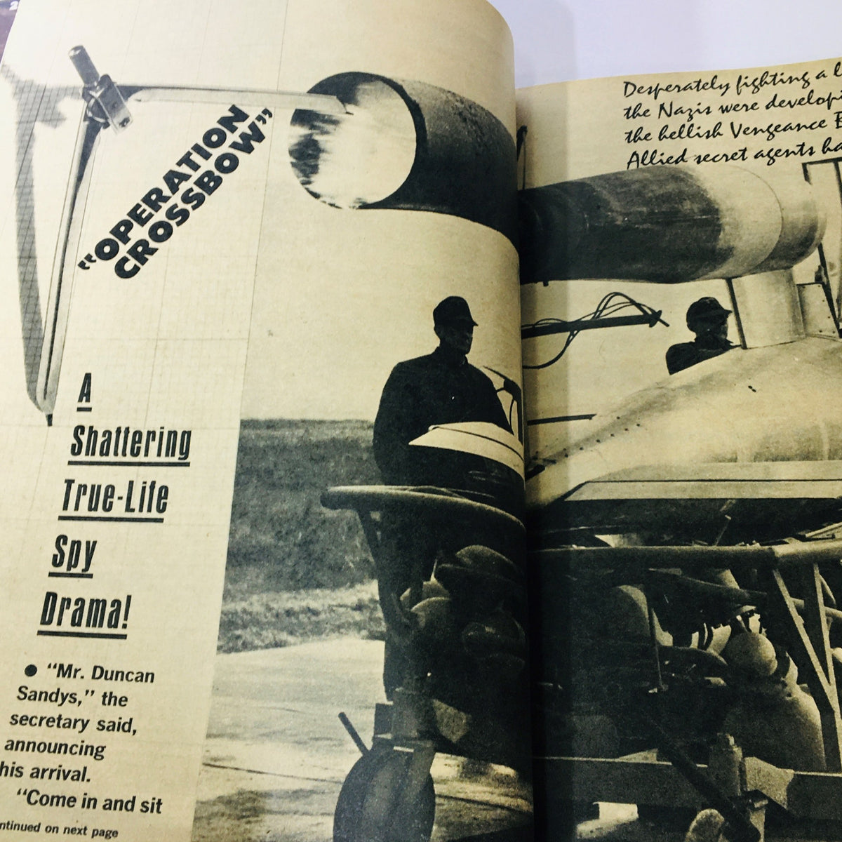 Vintage article on 'Operation Crossbow', illustrating a spy theme with classic imagery, from Screen Stories Magazine August 1965.