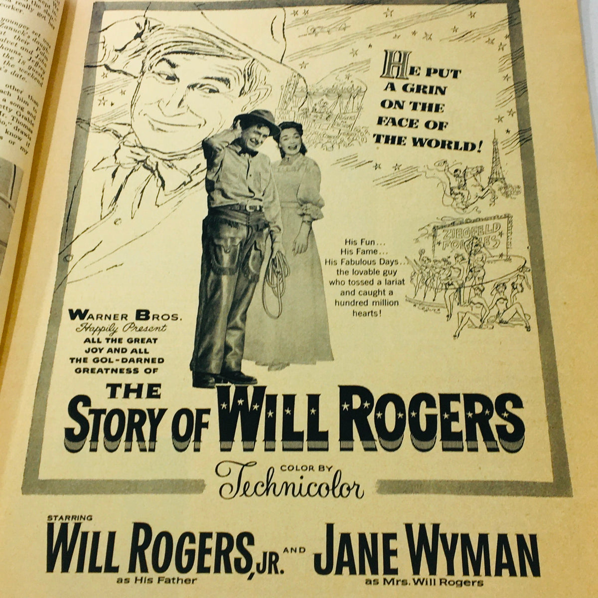 Inside page of VTG Silver Screen Magazine August 1952, displaying an advertisement for the film 'The Story of Will Rogers' with illustrations and promotional text highlighting the film's charm.