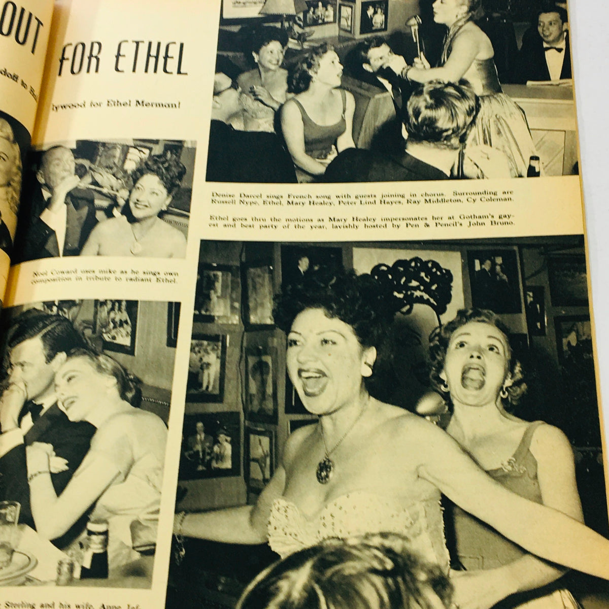 Vintage Silver Screen Magazine August 1952, page featuring entertainers celebrating Ethel Merman with guests enjoying performances and lively expressions.