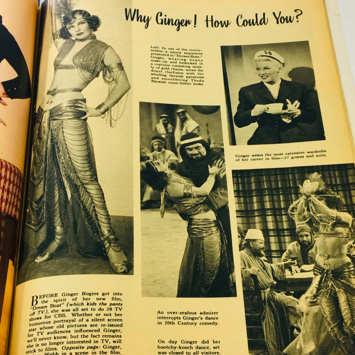 Vintage Silver Screen Magazine August 1952, page showcasing Ginger Rogers in her dance attire along with humorous interpretations of her role in television.