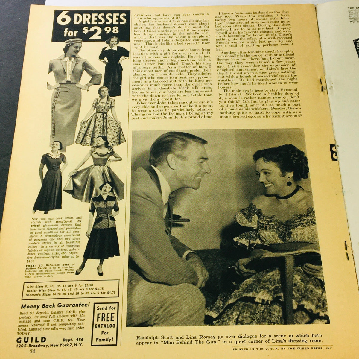 Vintage Silver Screen Magazine August 1952, page featuring dialogue scene with Randolph Scott and Lina Romay, along with a selection of dresses available for purchase.