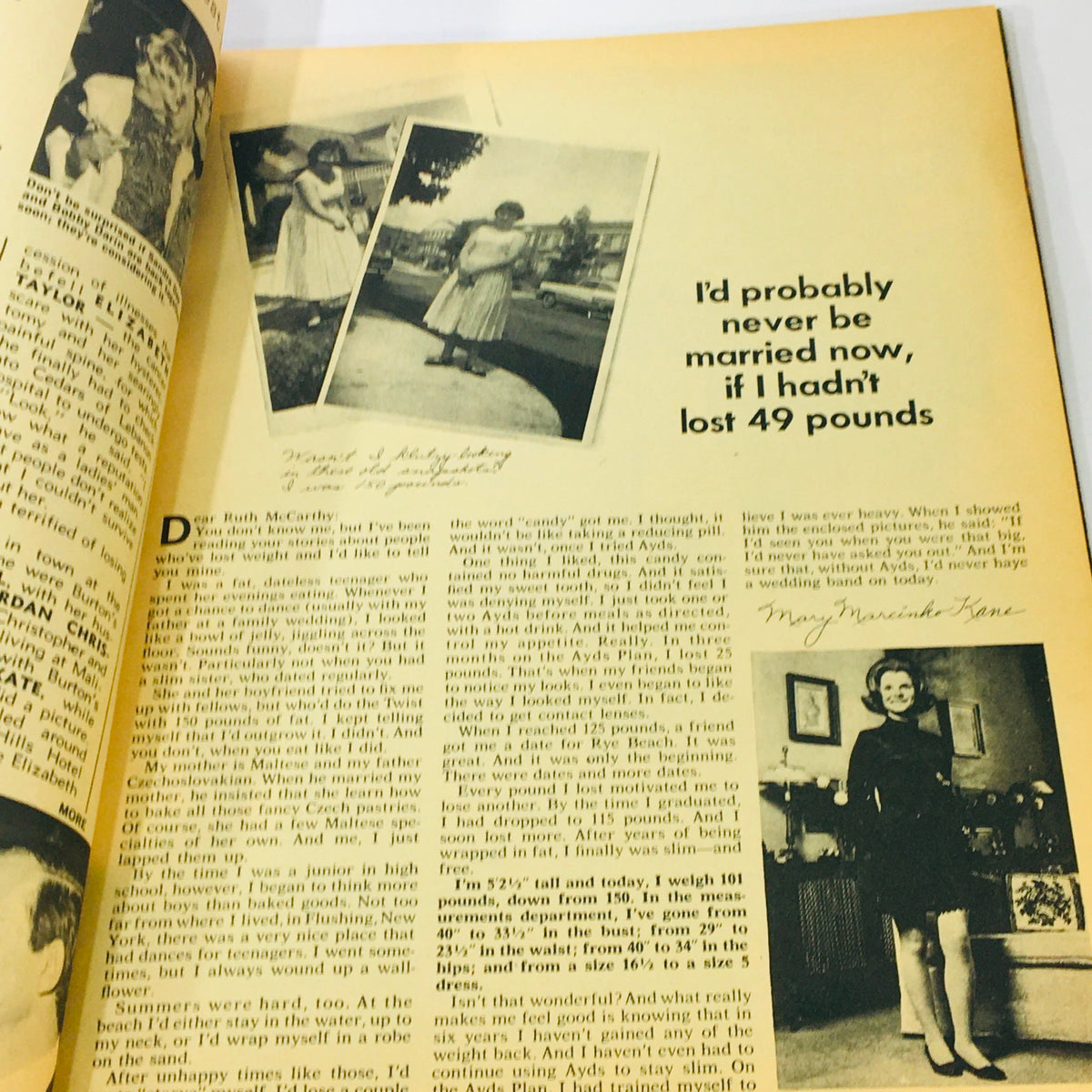 Personal story page from VTG Movie Mirror Magazine June 1969, featuring a testimonial about weight loss and its impact.